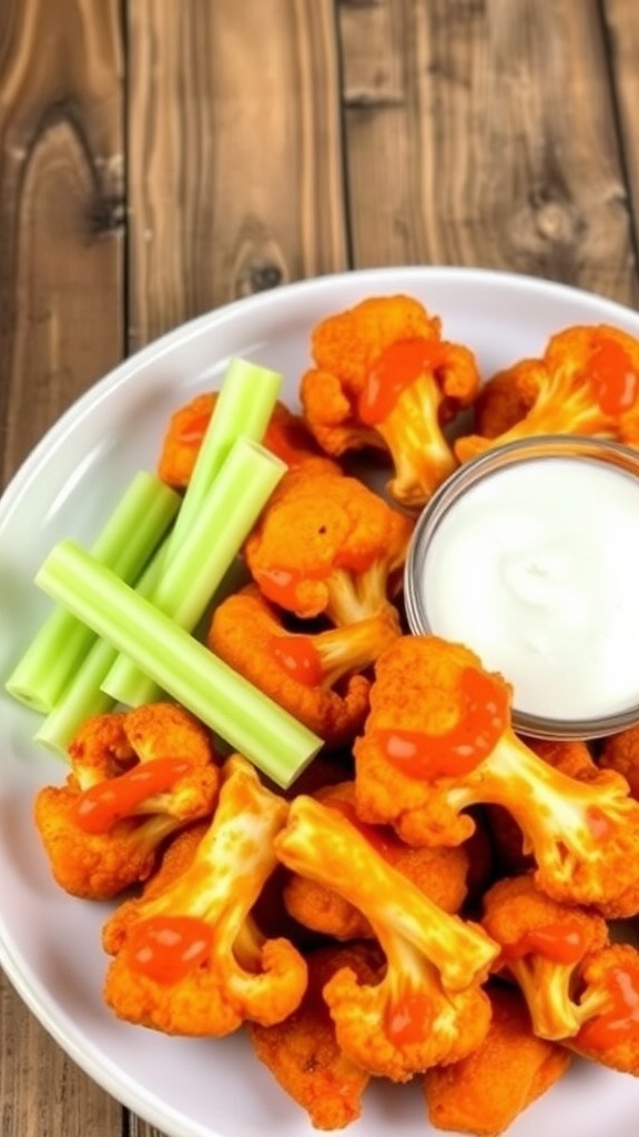 Crispy cauliflower wings coated in buffalo sauce, served with celery sticks and ranch dressing.
